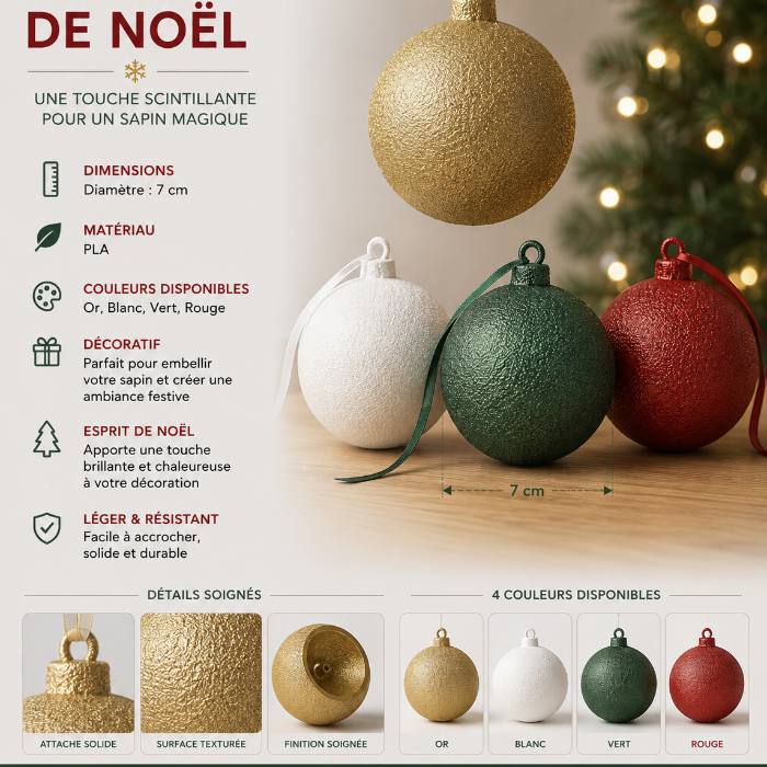 BOULE NERVURÉE — NOËL Lot de 4 pièces — imprimé 3D Made in France