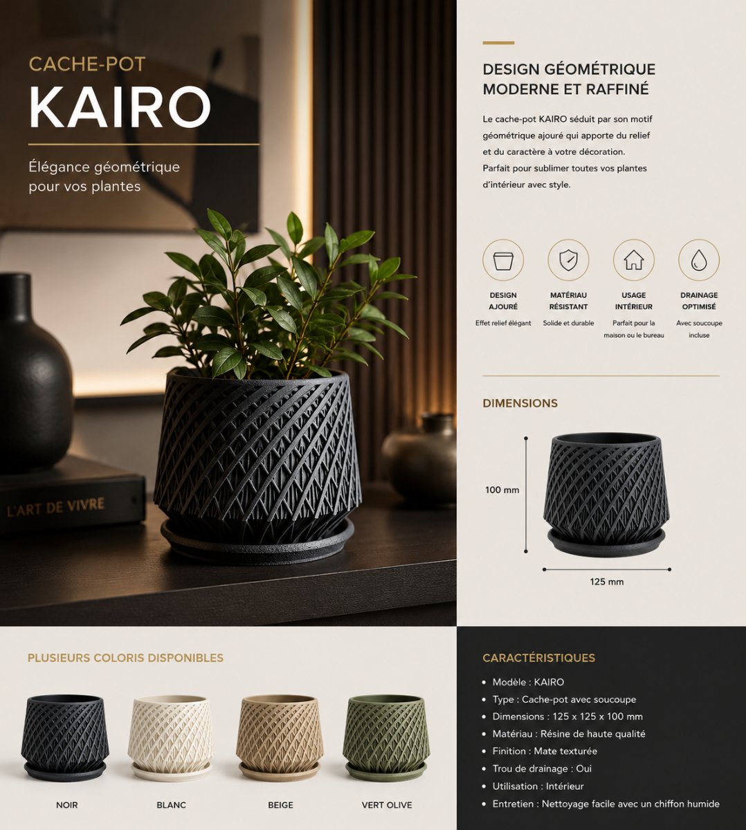 CACHE-POT KAIRO — imprimé 3D Made in France