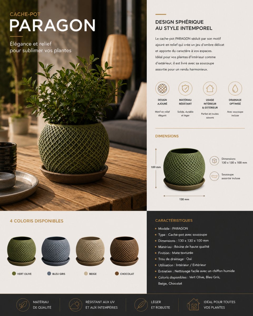 CACHE-POT PARAGON — Déco intérieure imprimé en 3D en France, vue 2