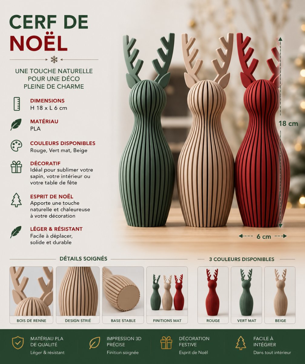 CERF STYLISÉ — NOËL lot de 3 pièce — imprimé 3D Made in France