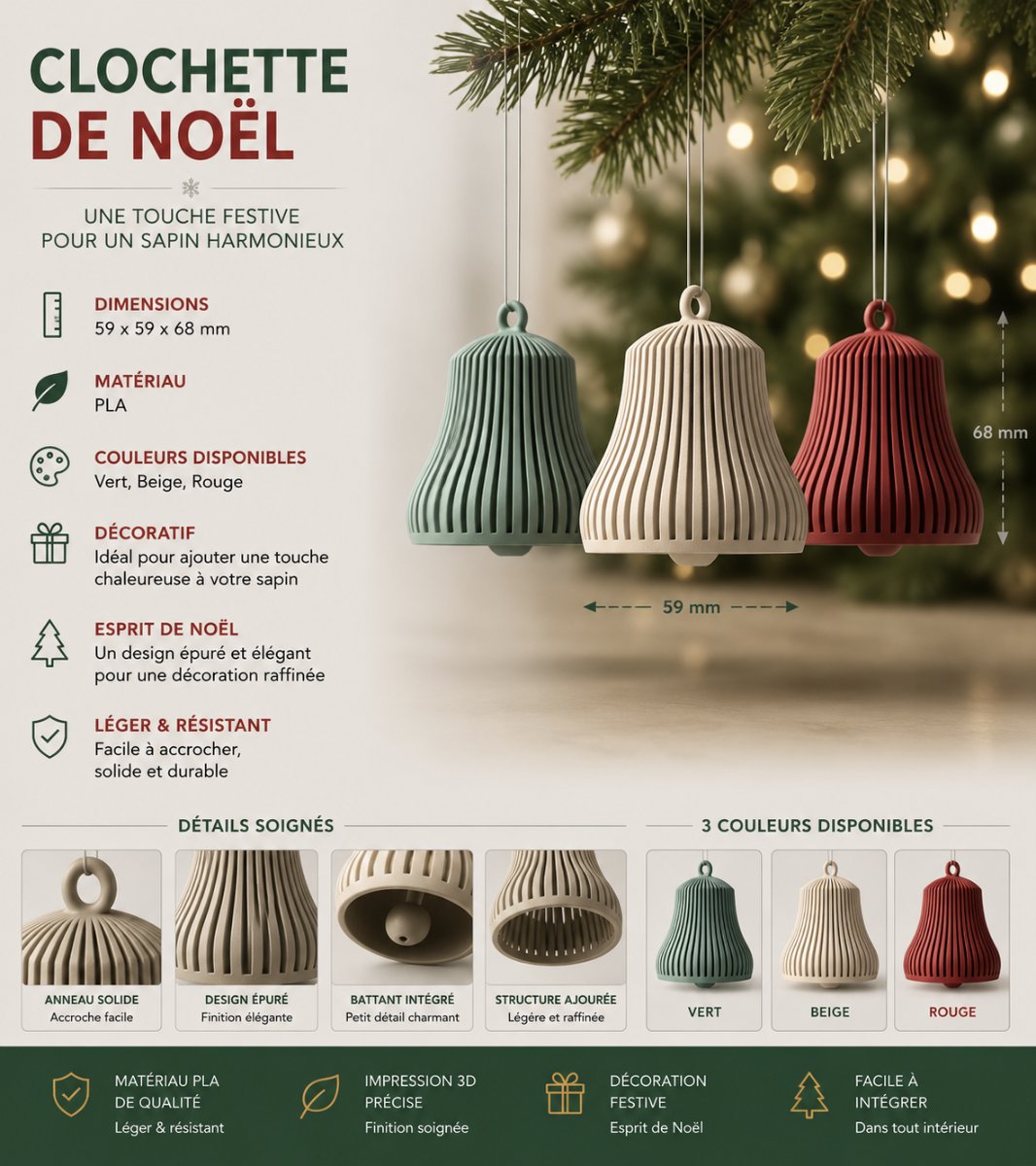 CLOCHETTE DE NOËL - lot de 3 pièces — imprimé 3D Made in France