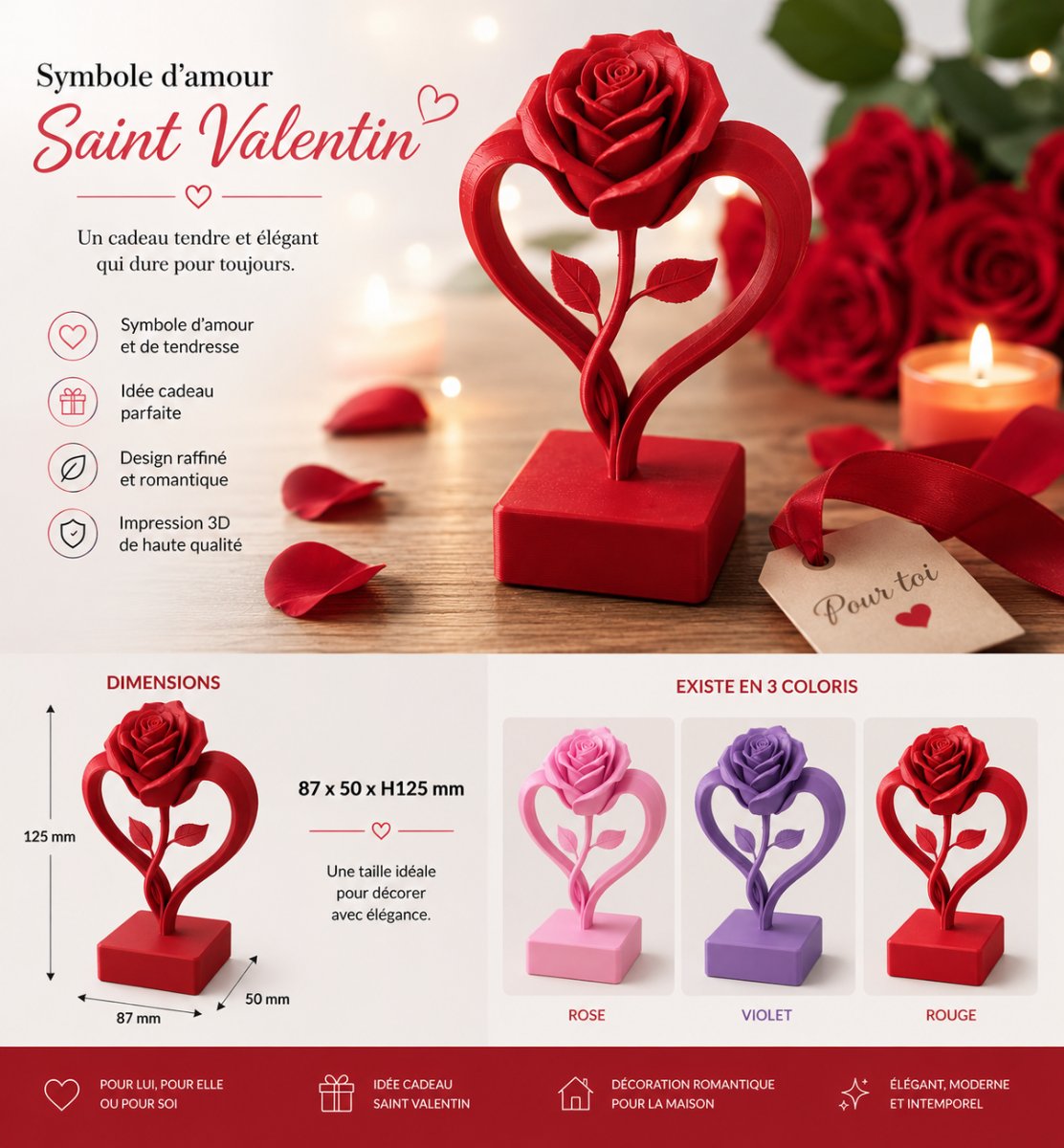CŒUR DE ROSE ÉTERNELLE - lot de 10 pieces — Déco intérieure imprimé en 3D en France, vue 3