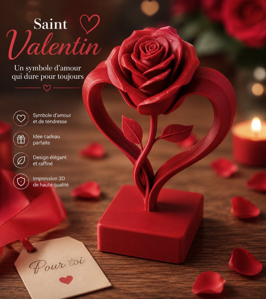 CŒUR DE ROSE ÉTERNELLE - lot de 10 pieces — imprimé 3D Made in France