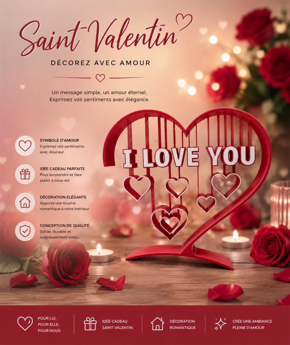 CŒUR STRING ART — I LOVE YOU — imprimé 3D Made in France