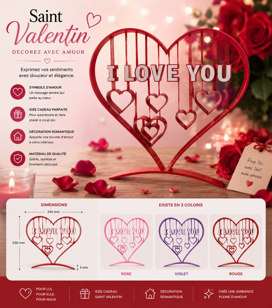 CŒUR STRING ART — I LOVE YOU — Déco intérieure imprimé en 3D en France, vue 3