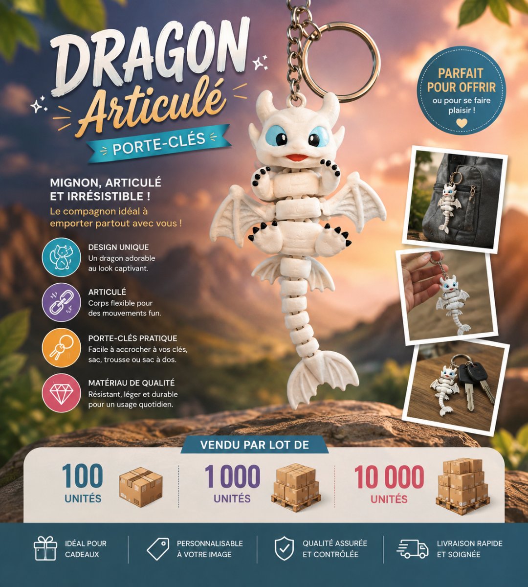 Dragon Articulé — Porte-Clés lot de 100 pieces — imprimé 3D Made in France