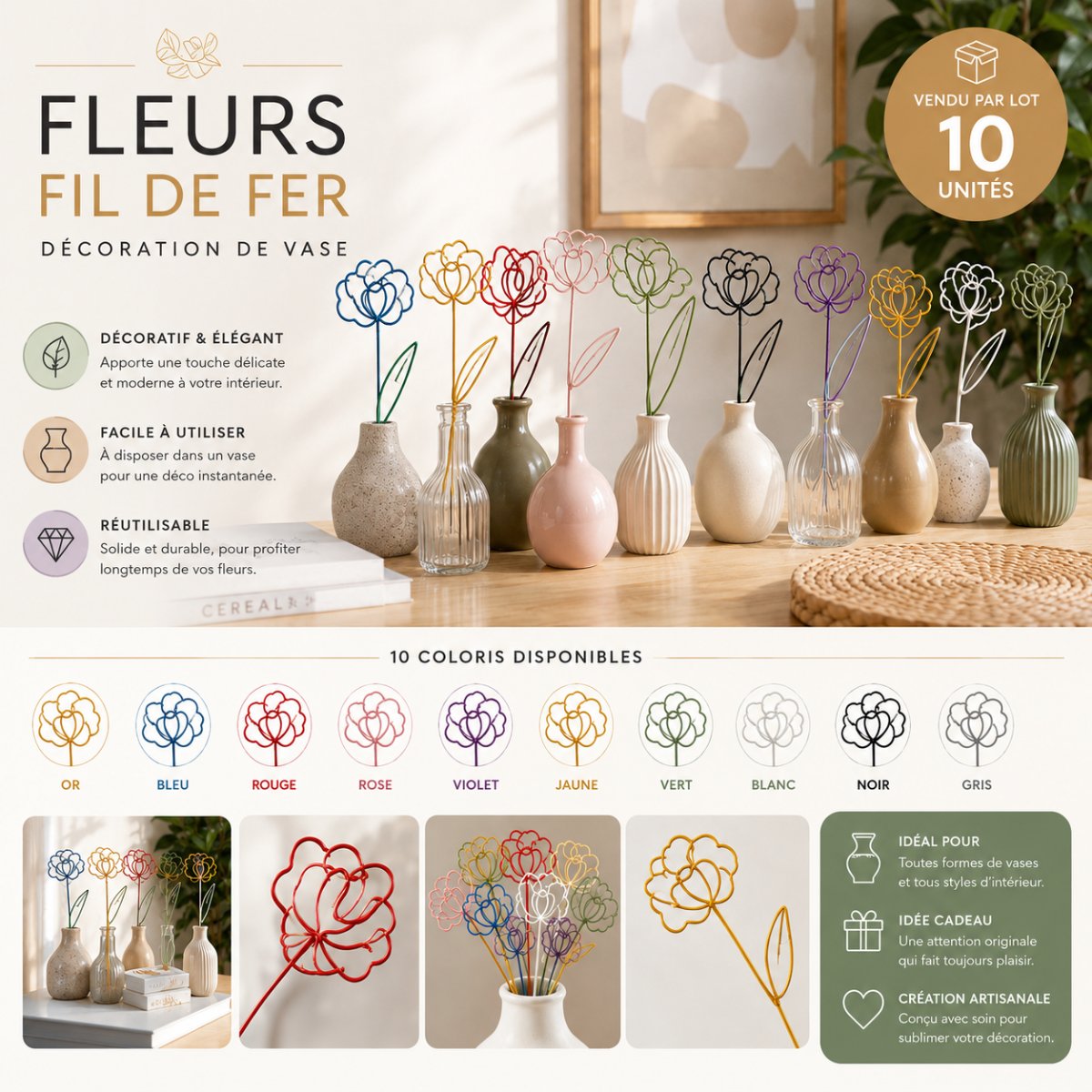 FLEURS FIL DE FER — LOT 100 pieces — imprimé 3D Made in France