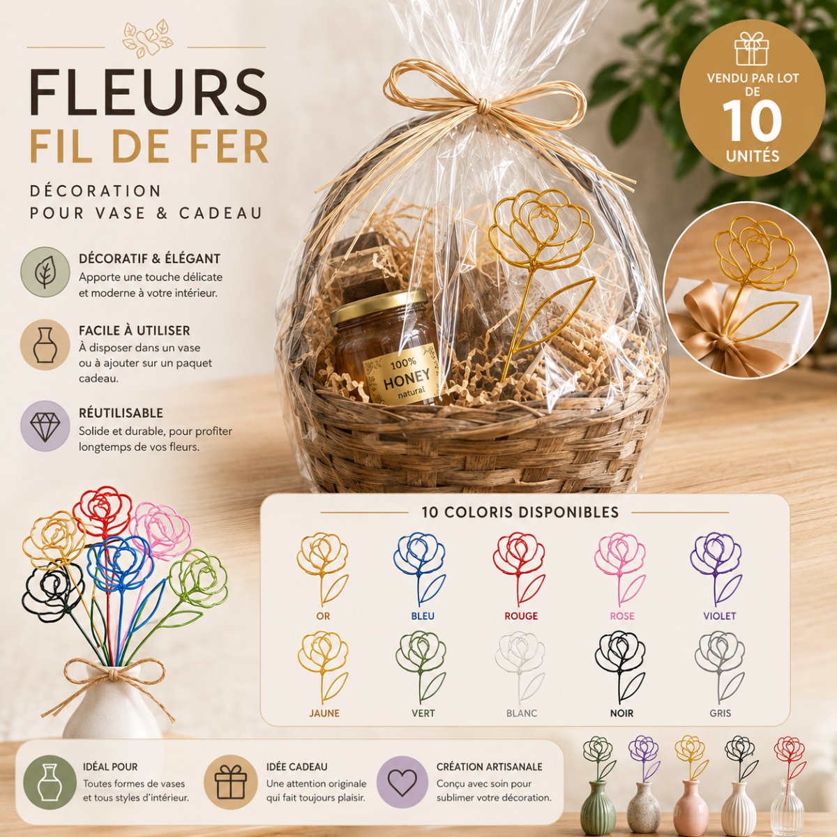 FLEURS FIL DE FER — LOT 100 pieces — Déco intérieure imprimé en 3D en France, vue 3