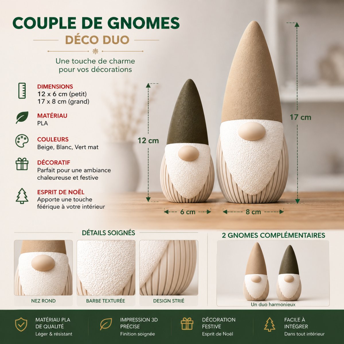 GNOME TOMTE — ESPRIT NORDIQUE couple lot de 2 pièce — imprimé 3D Made in France