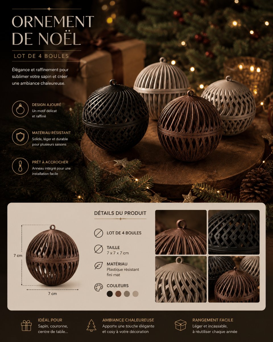 ORNEMENTS — Noël lot de 4 piece — Déco intérieure imprimé en 3D en France, vue 2