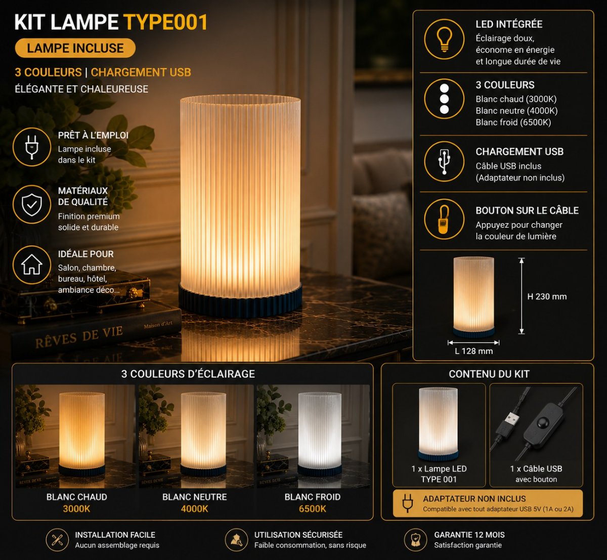 L'ÉCLAT — Lampe striée — Déco intérieure imprimé en 3D en France, vue 2