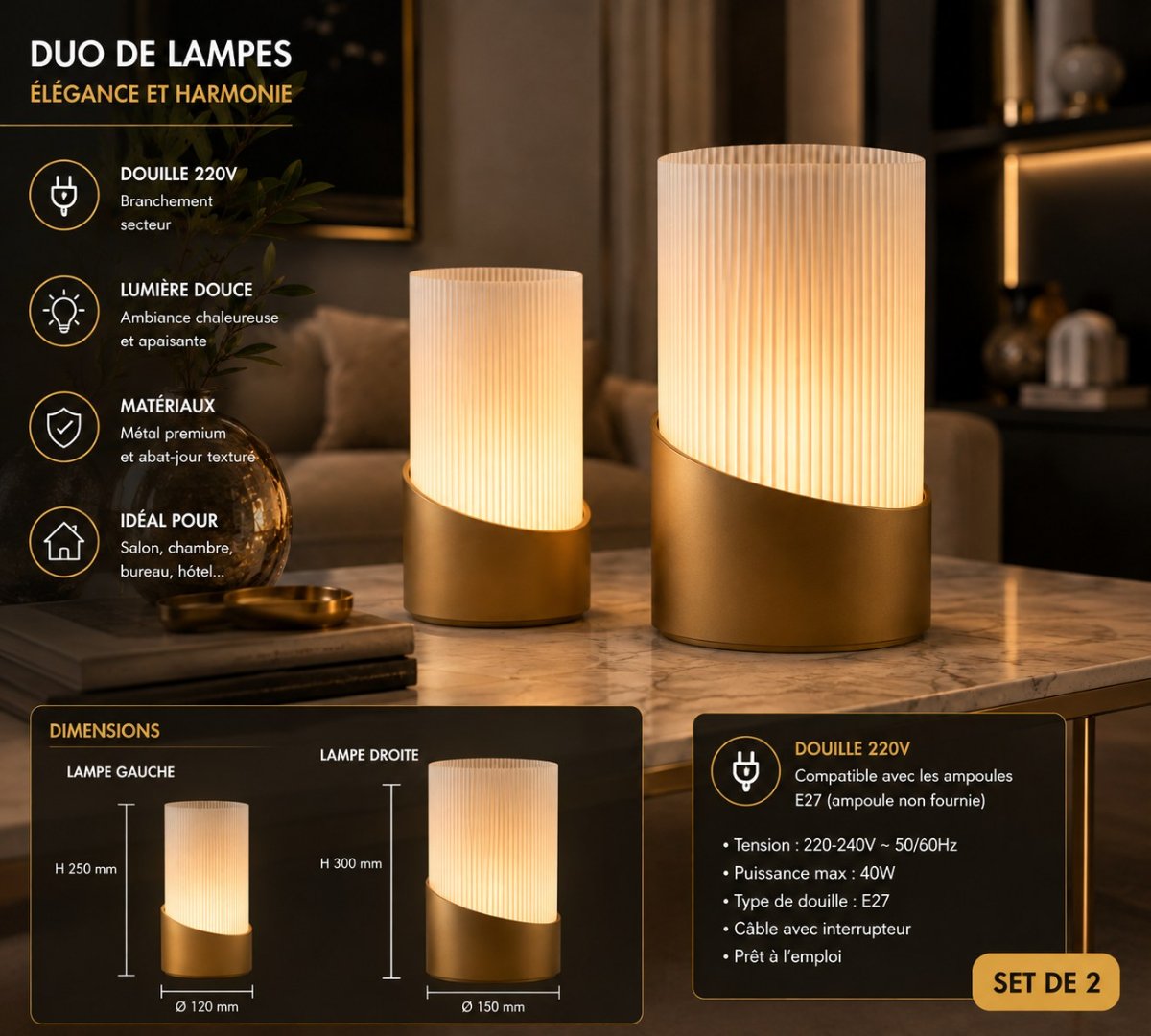 L'HARMONIE DUO — Lampes nervurées lot  de 2pieces — Déco intérieure imprimé en 3D en France, vue 2