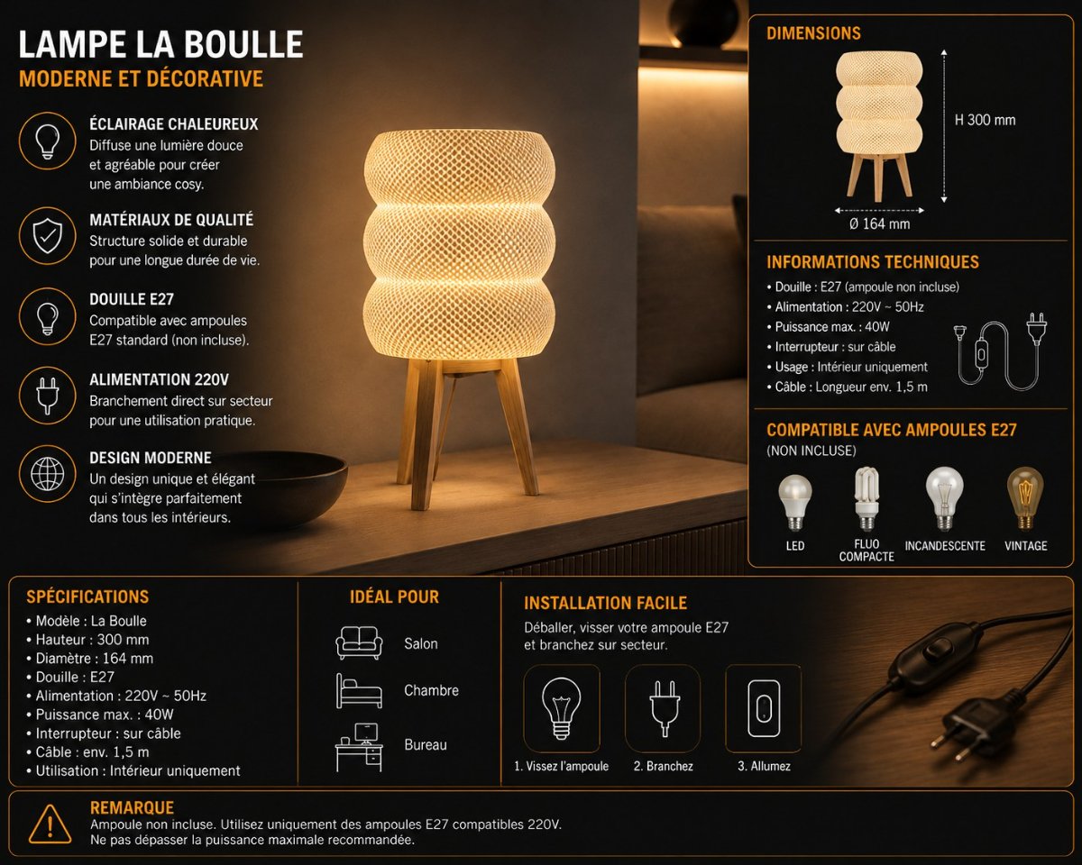 LA BULLE — Lampe texturée — Déco intérieure imprimé en 3D en France, vue 2