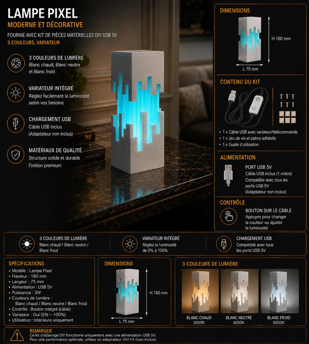 LA PIXEL — Lampe futuriste — Déco intérieure imprimé en 3D en France, vue 2