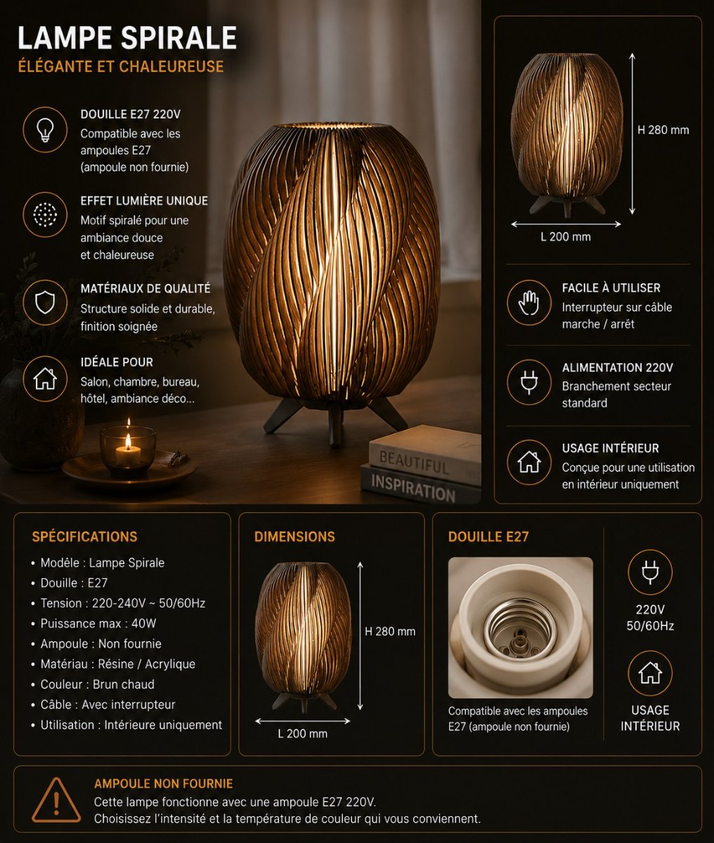 LA SPIRALE — Lampe torsadée — Déco intérieure imprimé en 3D en France, vue 2