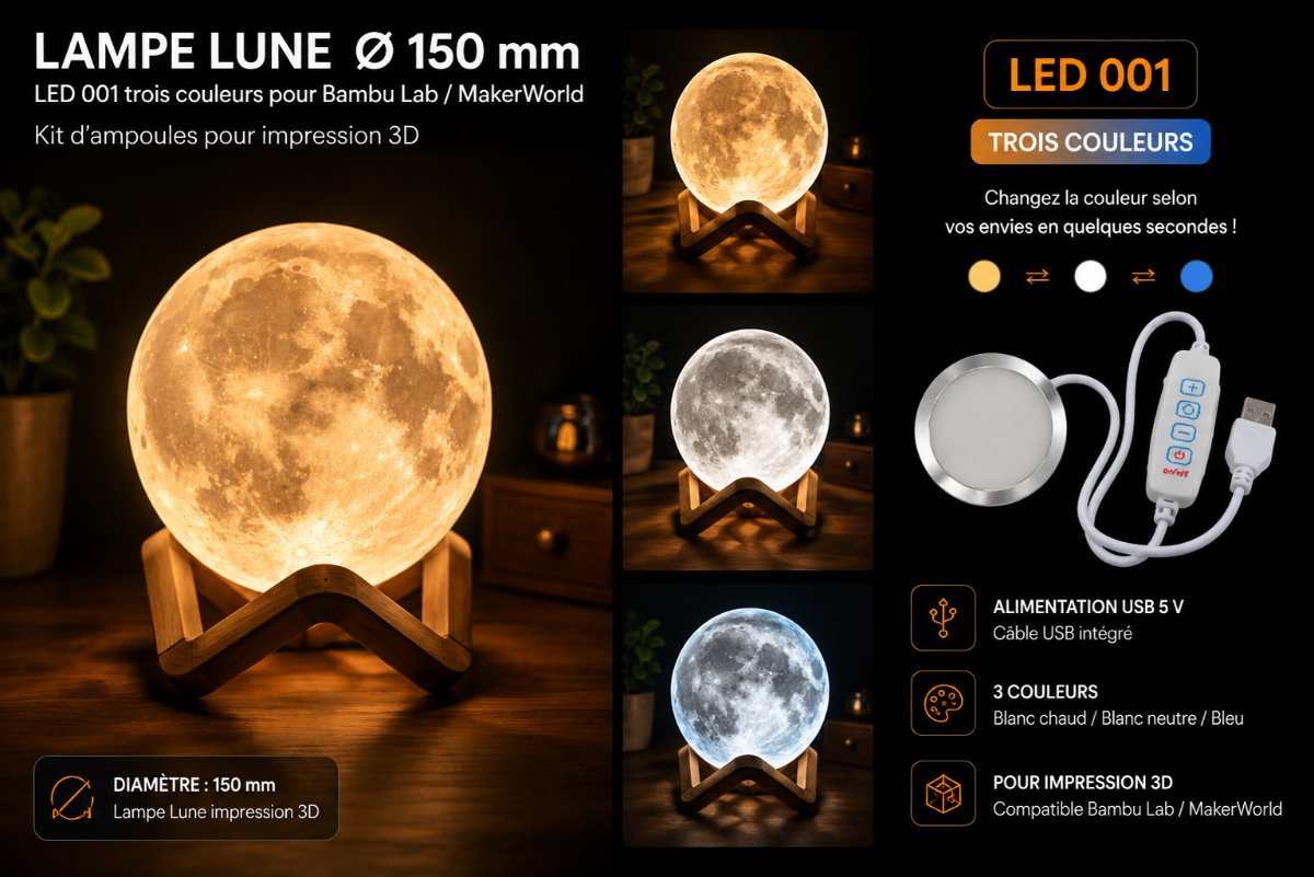 LAMPE LUNE — Déco intérieure imprimé en 3D en France, vue 3