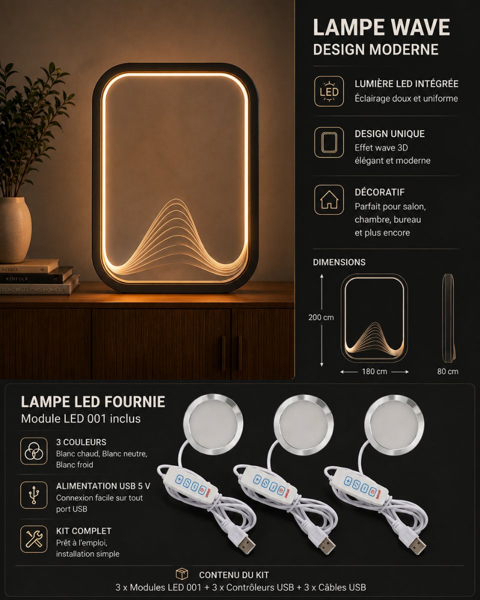 Lampe Wave — Effet vague lumineux — Déco intérieure imprimé en 3D en France, vue 5