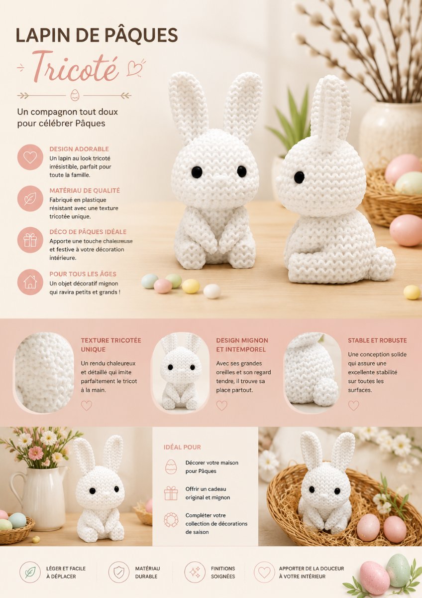 Lapin De Pâques Tricoté- lot de 10 pièces — imprimé 3D Made in France