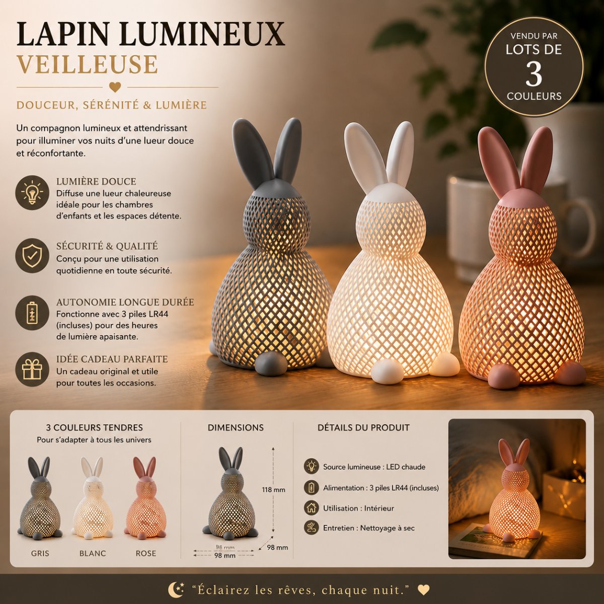 LAPIN LUMINEUX — VEILLEUSE lot de 3 pièces — imprimé 3D Made in France
