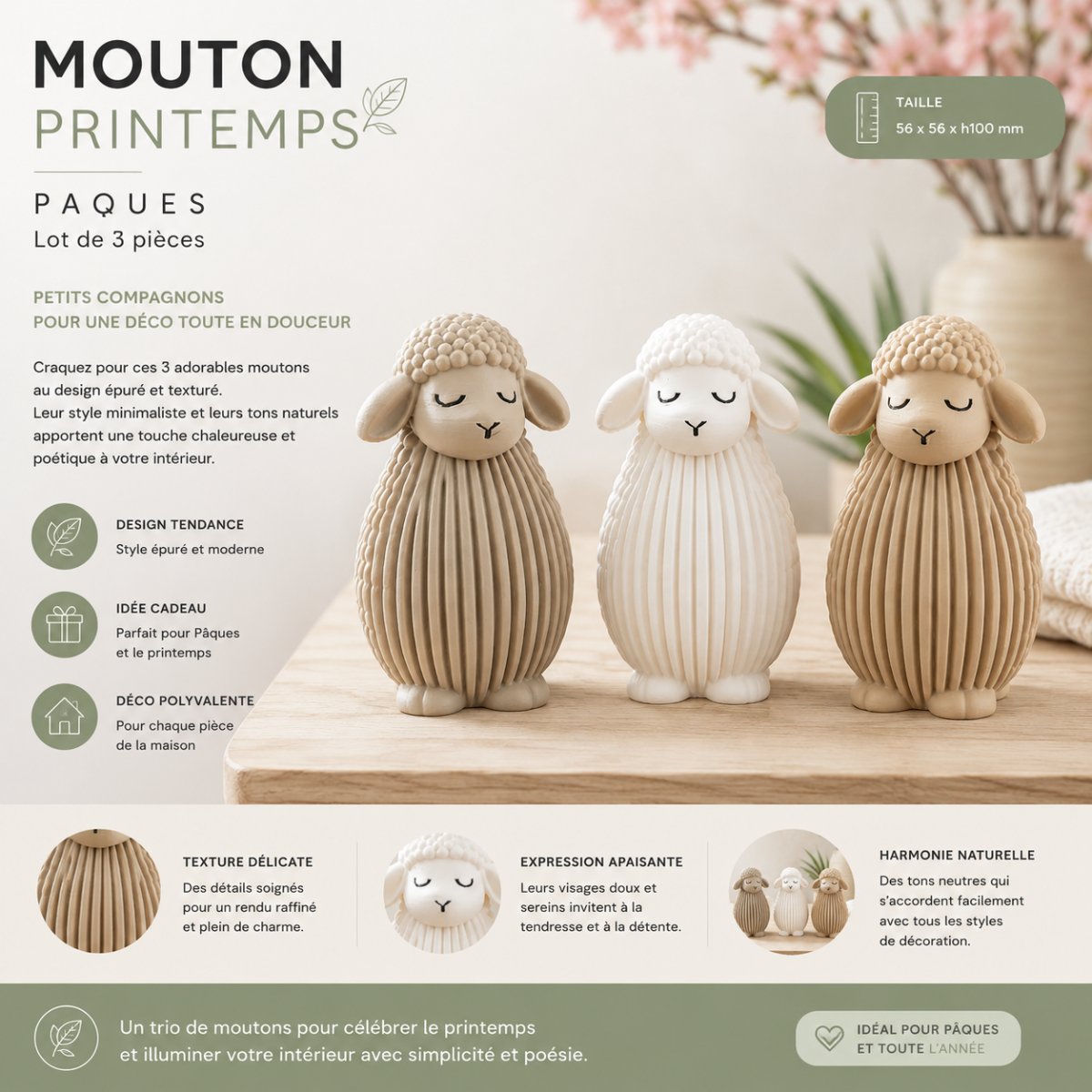 MOUTON PRINTEMPS —paque lot de 3 piece — imprimé 3D Made in France