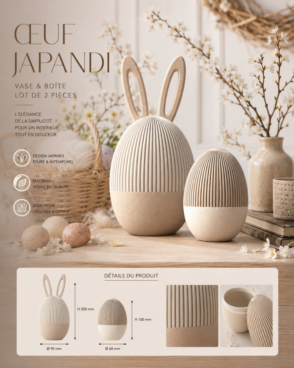 ŒUF JAPANDI — VASE & BOÎTE lot de 2 piece — Déco intérieure imprimé en 3D en France, vue 2
