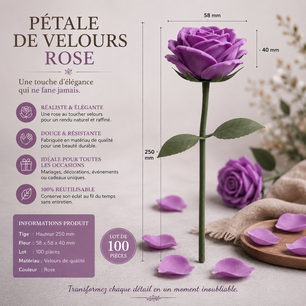 PÉTALE DE VELOURS — ROSE lot 100 pièces — imprimé 3D Made in France