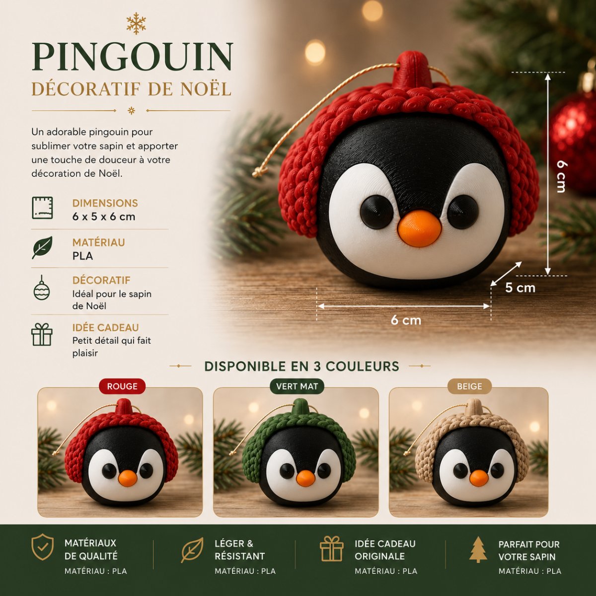 PINGOUIN BONNET — SUJET NOËL — imprimé 3D Made in France