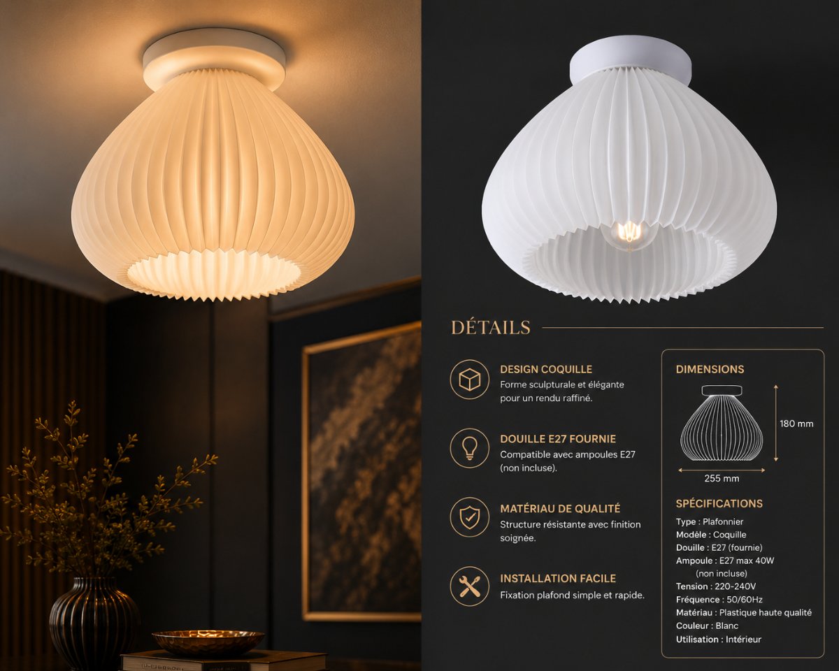 Plafonnier Coquille — Abat-jour nervuré — Déco intérieure imprimé en 3D en France, vue 3