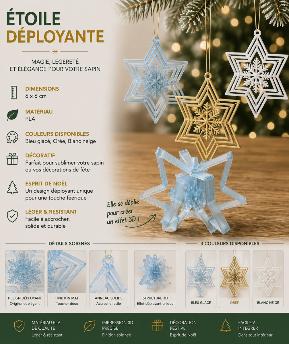 ÉTOILE DÉPLOYANTE- lot de 10 pièces — imprimé 3D Made in France