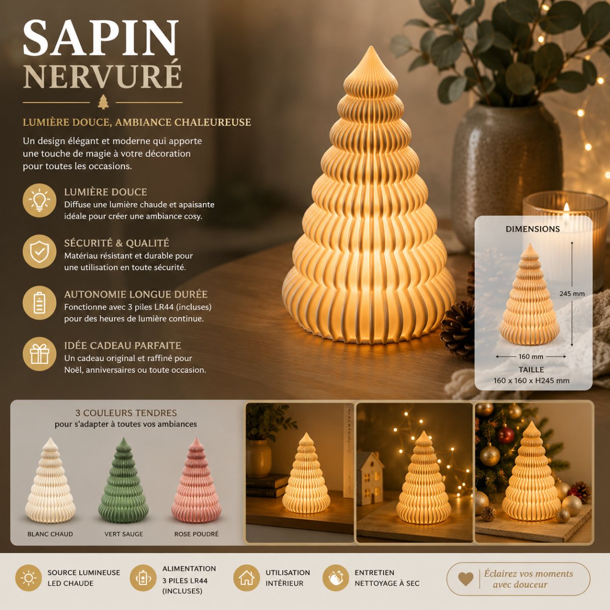 SAPIN NERVURÉ led bougie fourni — imprimé 3D Made in France