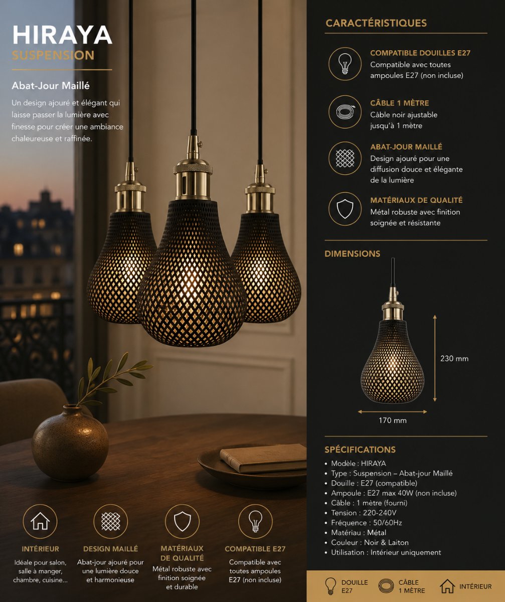 SUSPENSION HIRAYA — ABAT-JOUR MAILLÉ lot de 3 pièces — Déco intérieure imprimé en 3D en France, vue 3