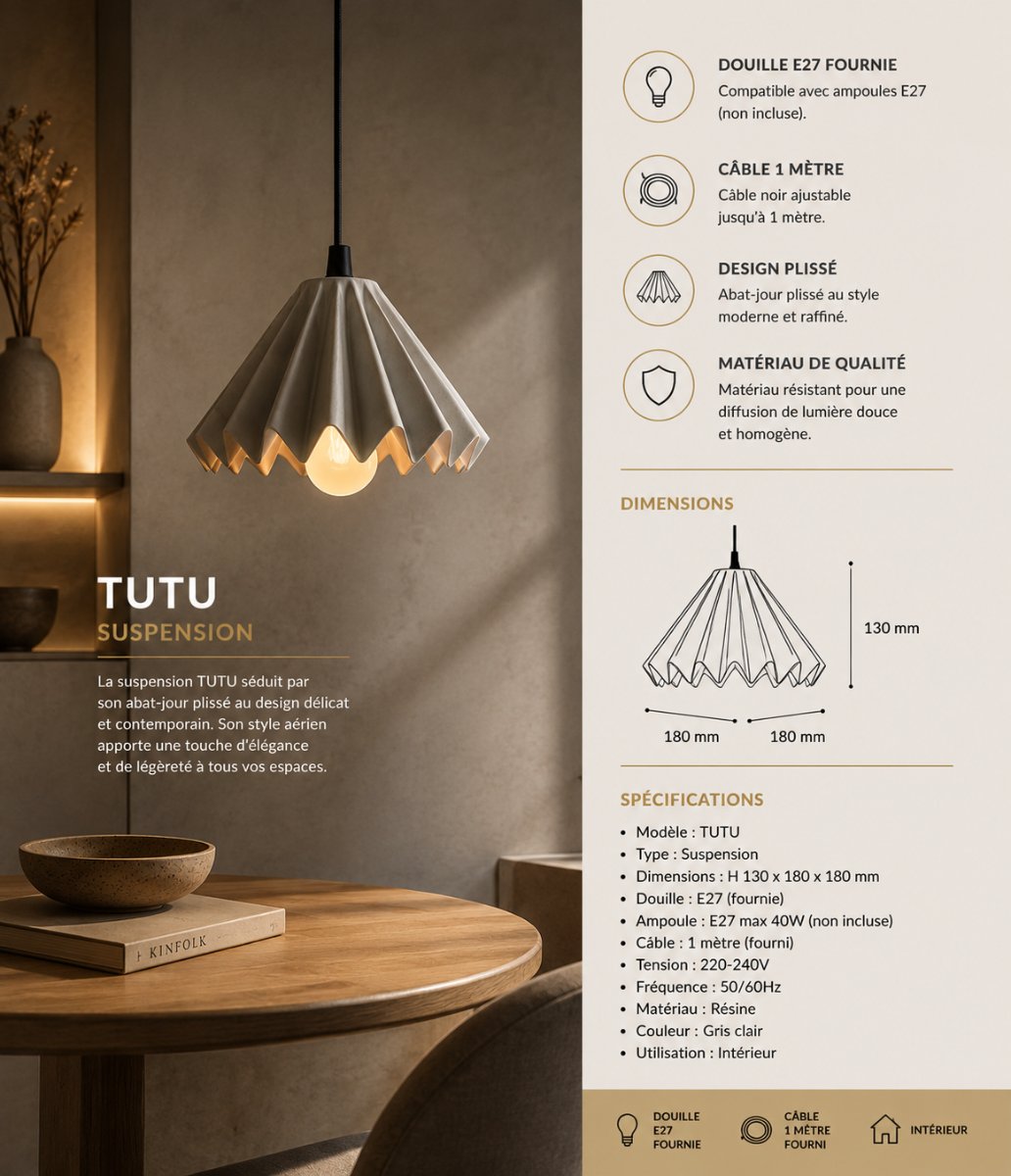 Suspension Tutu — Abat-jour plissé — Déco intérieure imprimé en 3D en France, vue 2