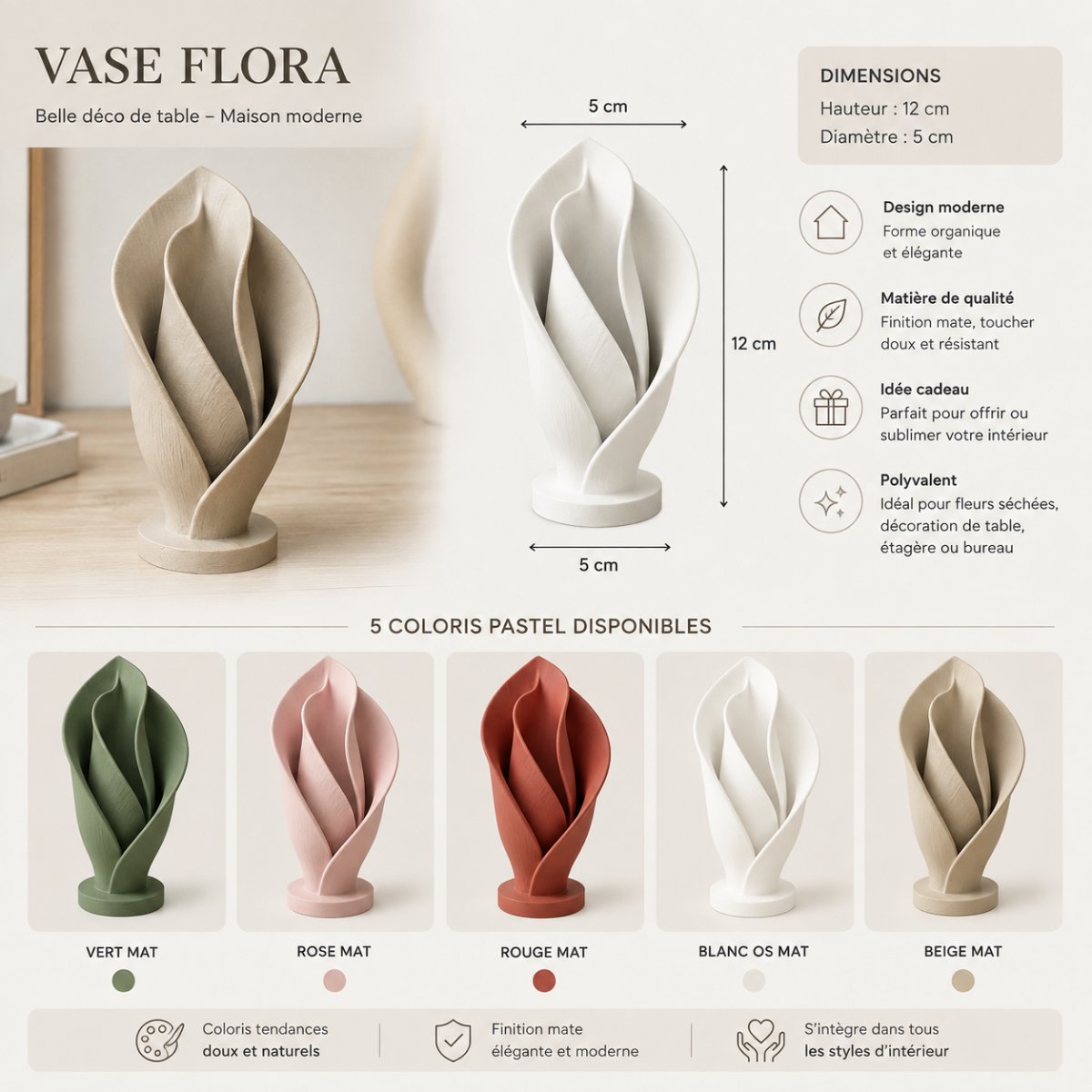 VASE FLORA — Déco intérieure imprimé en 3D en France, vue 2