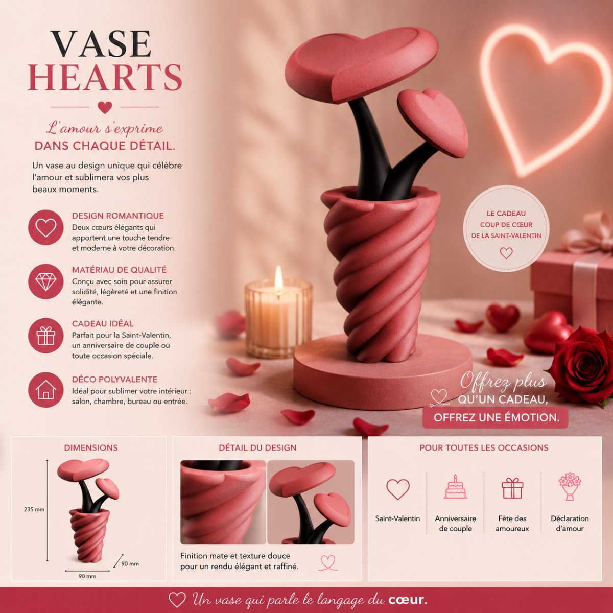 VASE HEARTS — imprimé 3D Made in France